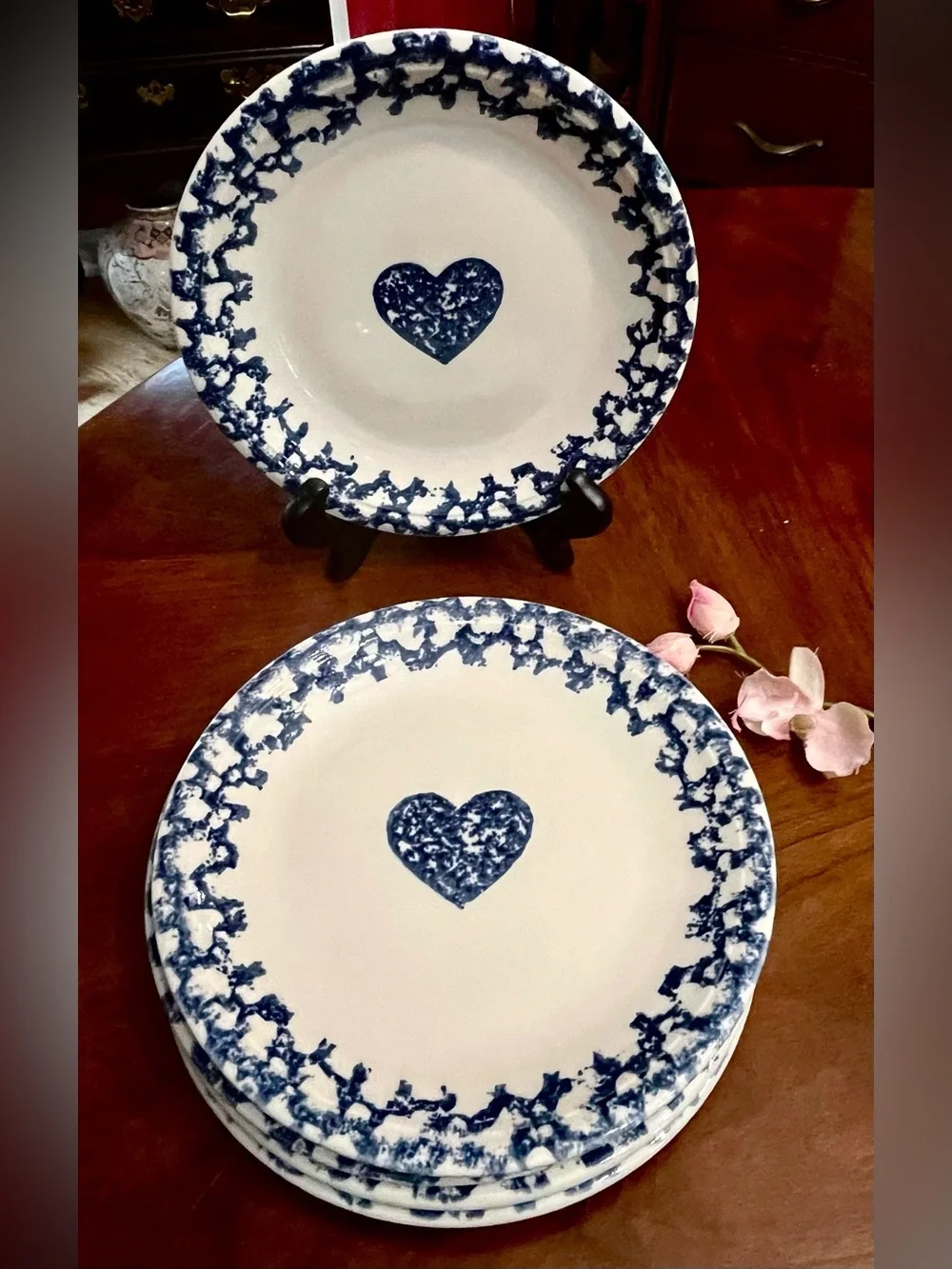 5 VTG Tienshan Folk Craft Blue Hearts Spongeware Salad Dessert Plates, 7.5”